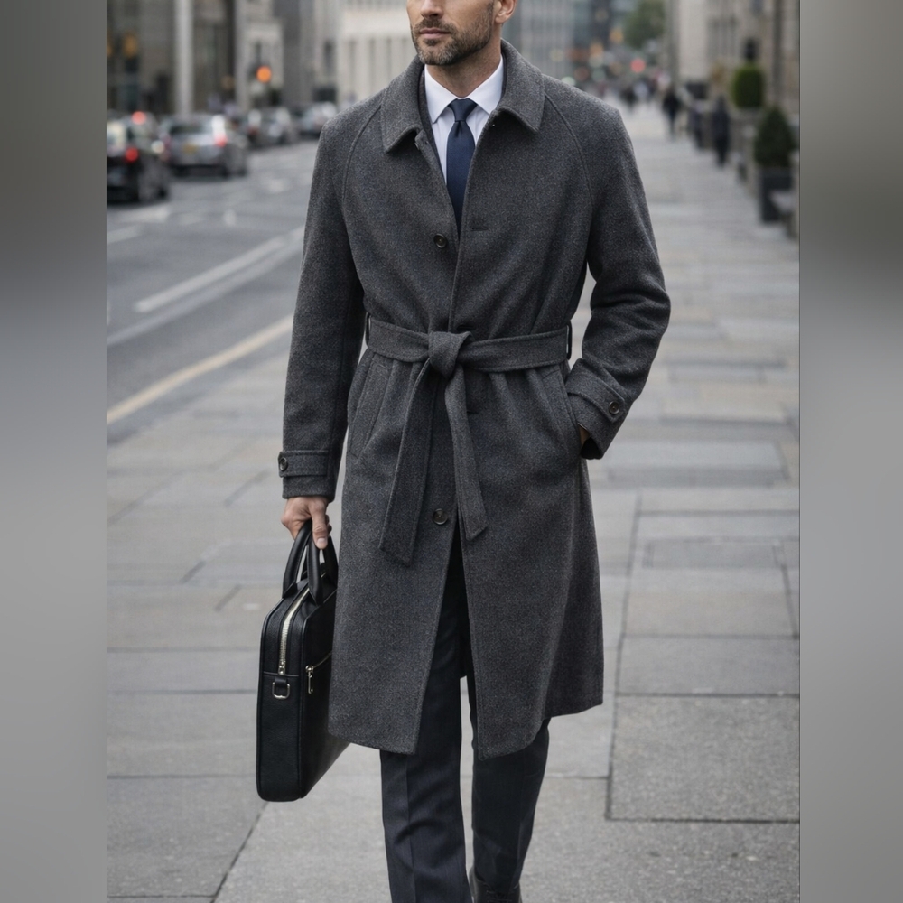 Men's Charcoal Belted Trench Coat - Modern Tailored Overcoat